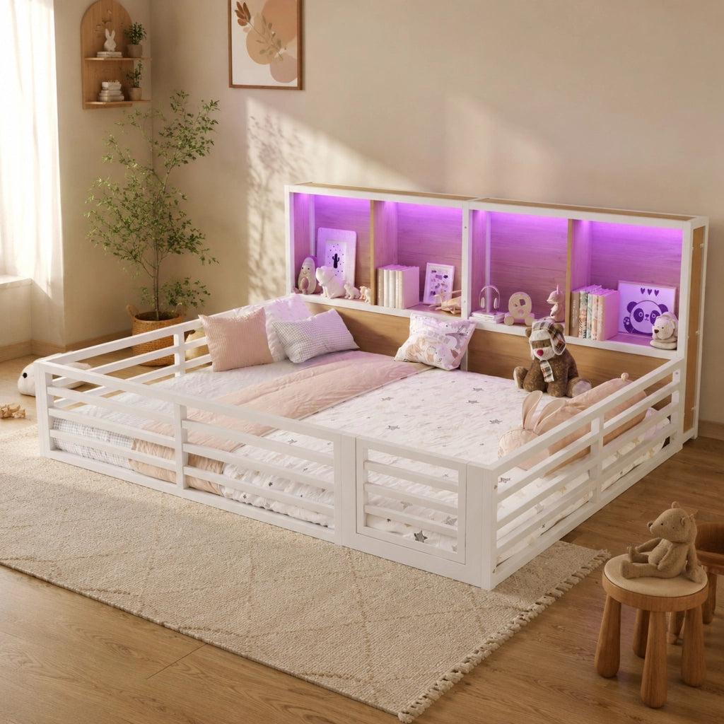 Letto 140 x 200 cm con sponda apribile; ripiani laterali e LED; MDF e metallo; bianco