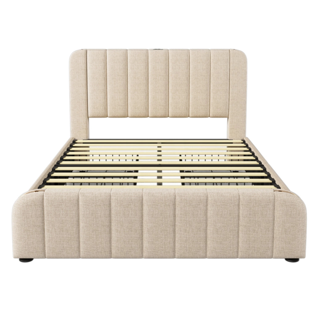 Letto matrimoniale 160x200 cm con 4 cassetti e USB C; lino beige