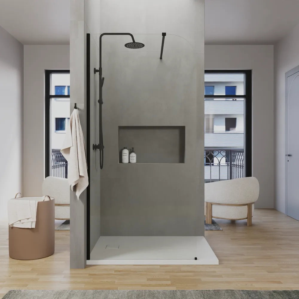 Doccia walk-in arco 120cm con profilo nero opaco vetro 8mm trasparente easy clean h200 | Senja