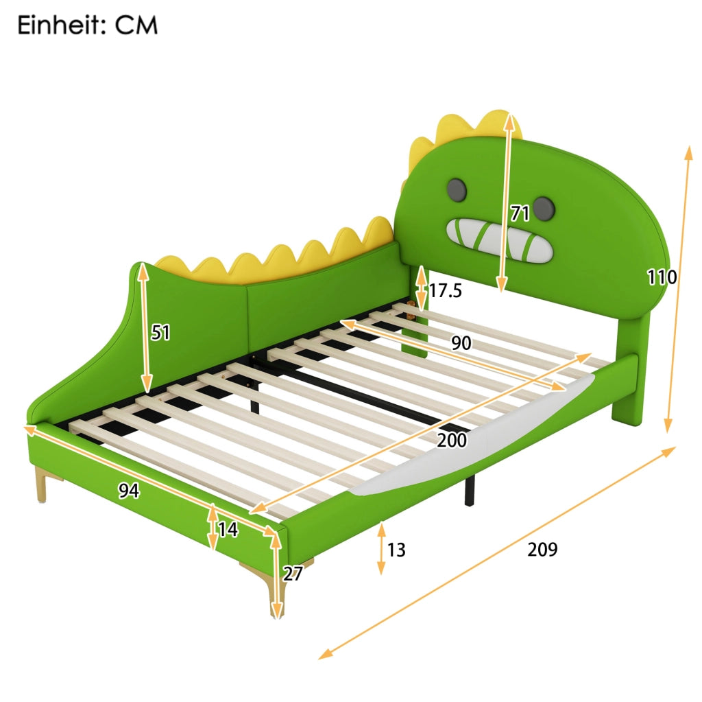 Letto per bambini 90x200 cm; design dinosauro; PU e MDF; verde
