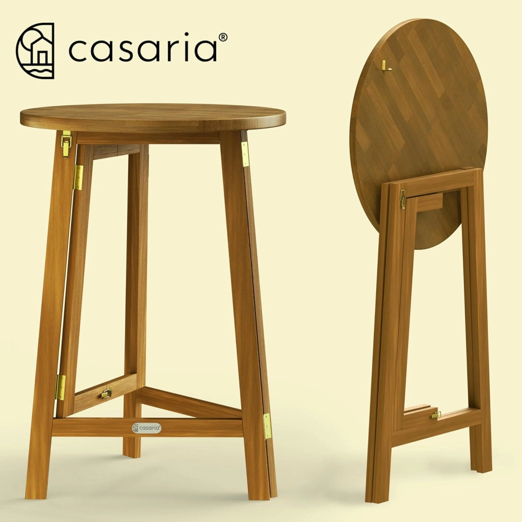 Tavolino Alto Pieghevole Legno di Acacia Ø 80 x 110cm Tondo Tavolo da Giardino Balcone Richiudibile