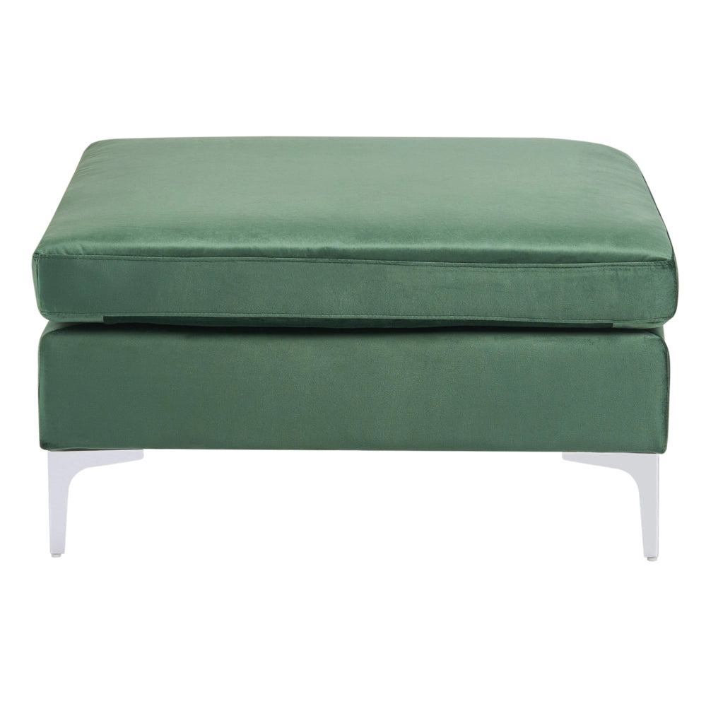 Divano ad angolo componibile versione sinistra a 4 posti in velluto verde con gambe in metallo argentato a forma di L ottomana Stile glamour