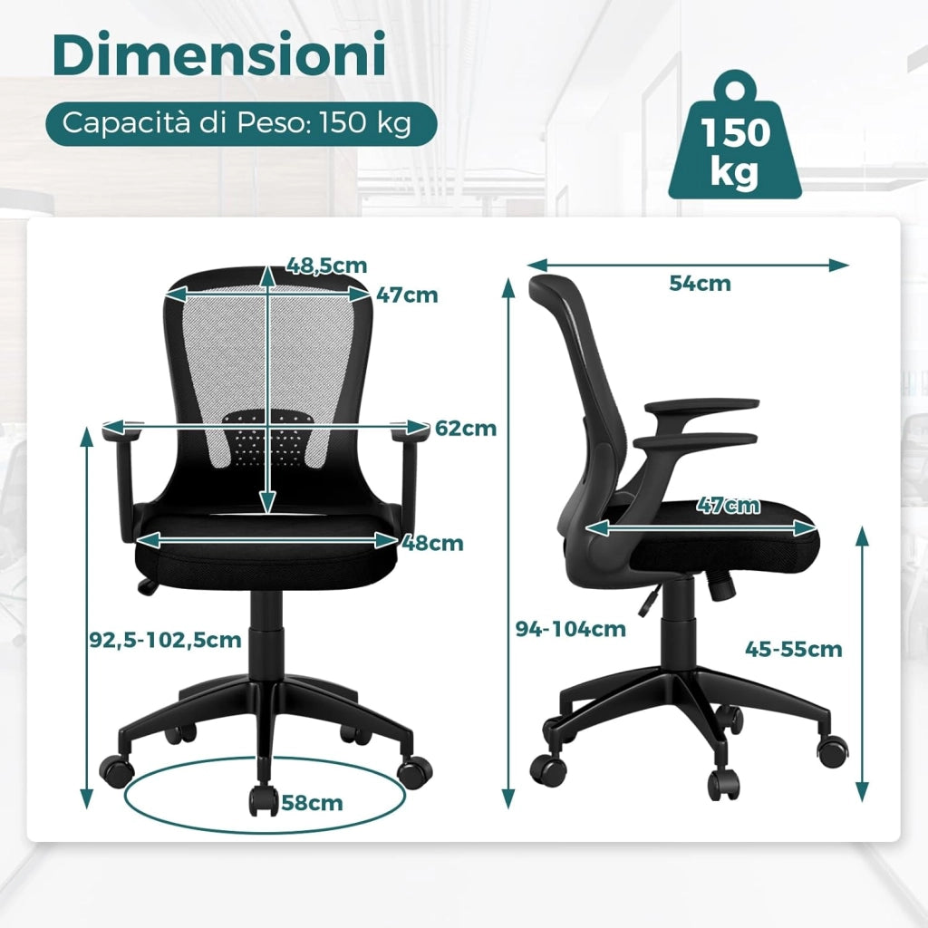 Sedia da Ufficio Ergonomica in Rete, Regolabile in Altezza e Schienale Regolabile, Braccioli Ribaltabili e Supporto Lombare, Sedia Girevole per Scrivania, per Ufficio, Portata 150 kg