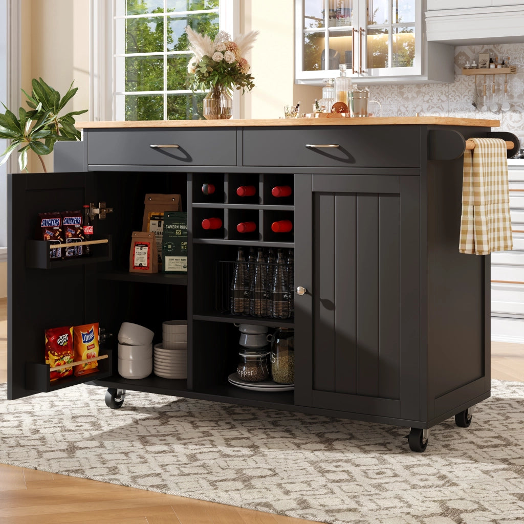 Carrello da Cucina con Portabottiglie; Ripiani Regolabili e Ruote con Freno; in MDF e Metallo; 102x45x92 cm; Nero