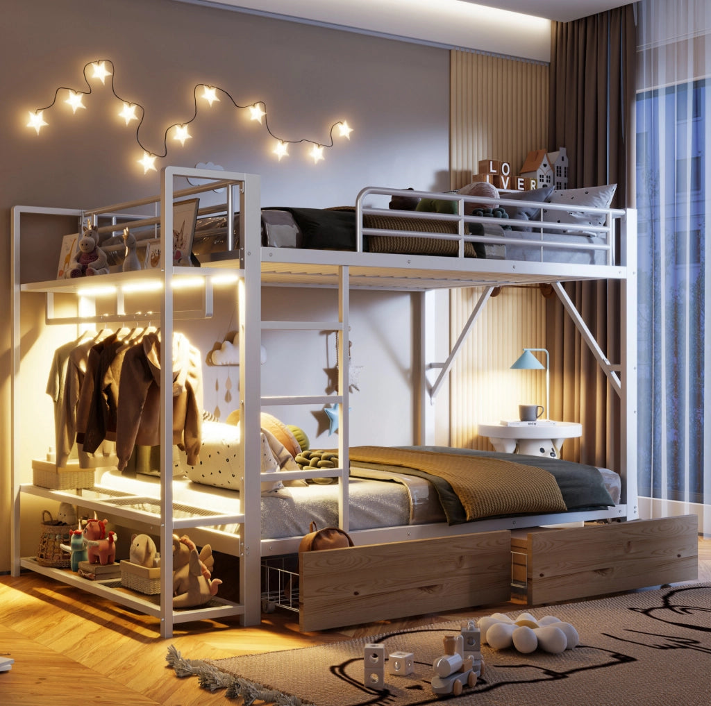 Letto a castello 140x200 cm in metallo e MDF bianco con LED; 2 cassetti e ripiani