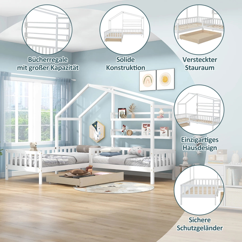 Letto a casa per bambini bianco con cassetti e mensole in legno massello e mdf struttura l 90x200 cm