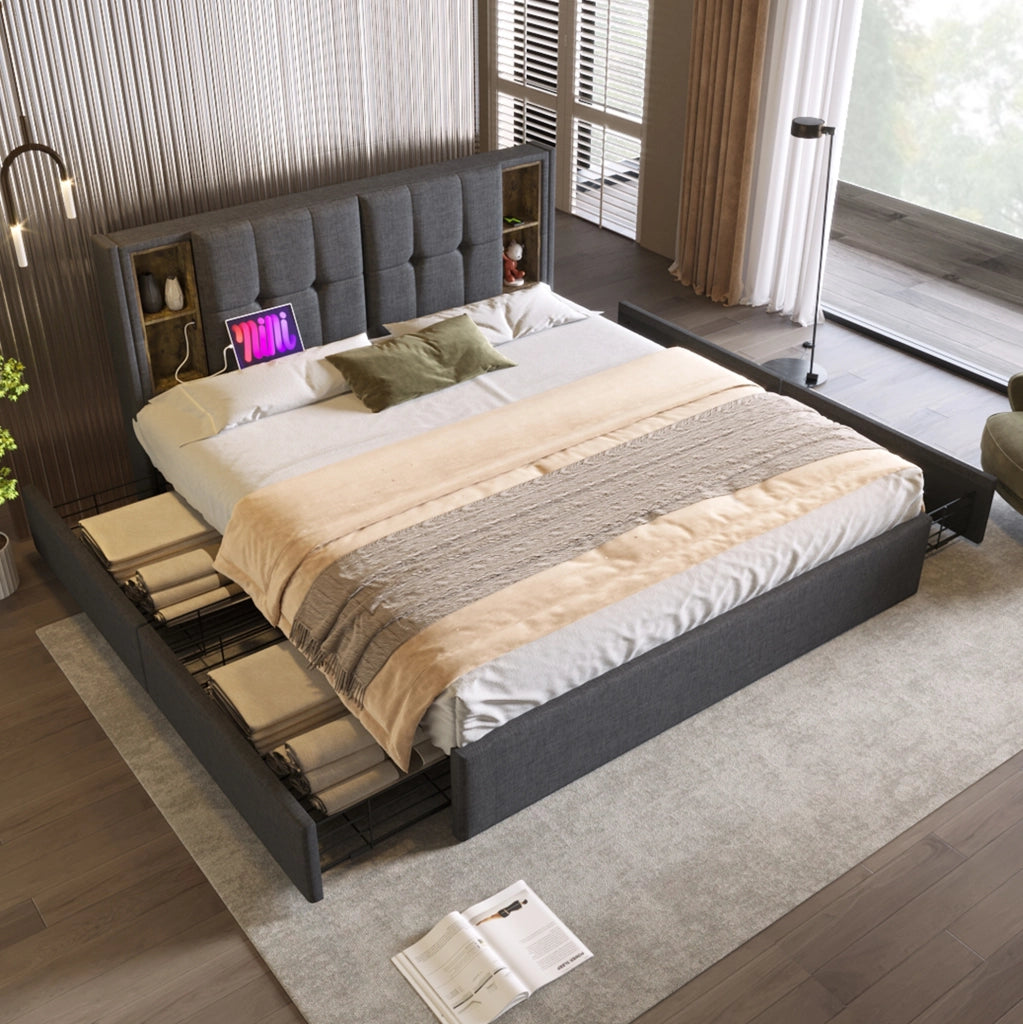 Letto matrimoniale 160x200 cm con ricarica wireless; USB C e 4 cassetti; lino grigio