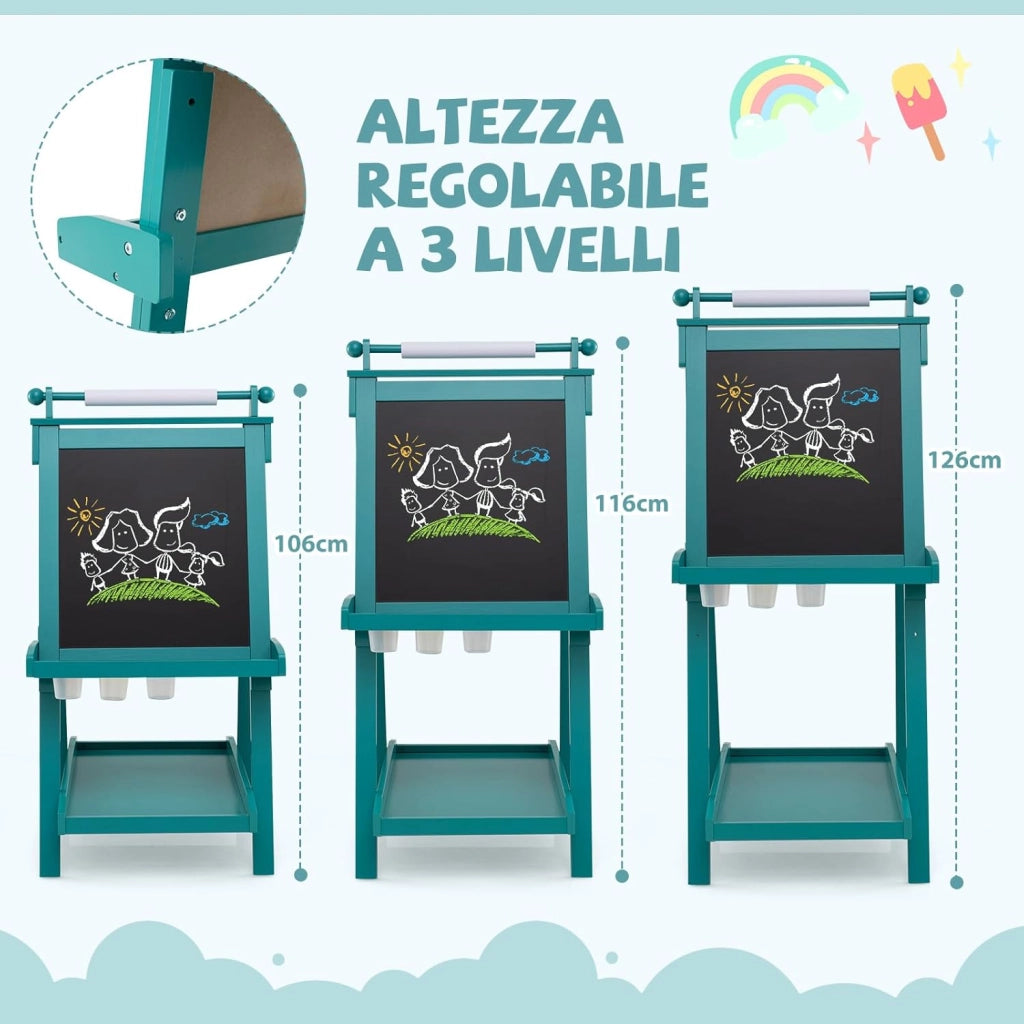 Lavagna per Bambini 3 in 1, Lavagna Magnetica con Lavagna Bifacciale, Rotolo di Carta, Vassoi Portaoggetti e 3 Bicchieri per Pittura, Cavalletto in Legno per Bambini 3+ Anni (Verde)