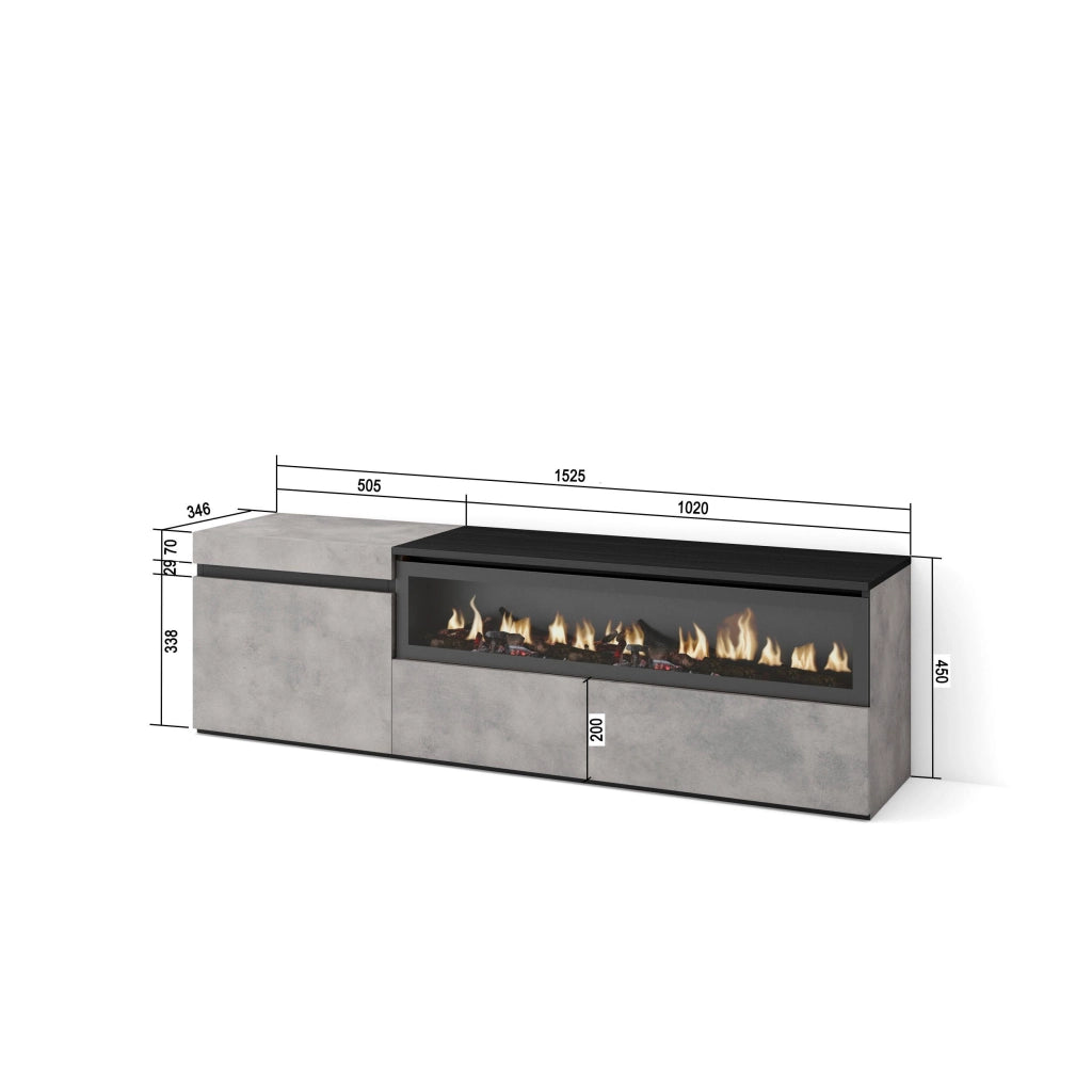 Mobile TV Soggiorno, 150x35x45cm, Per TV fino a 65", Camino elettrico, grigio cemento RF2472