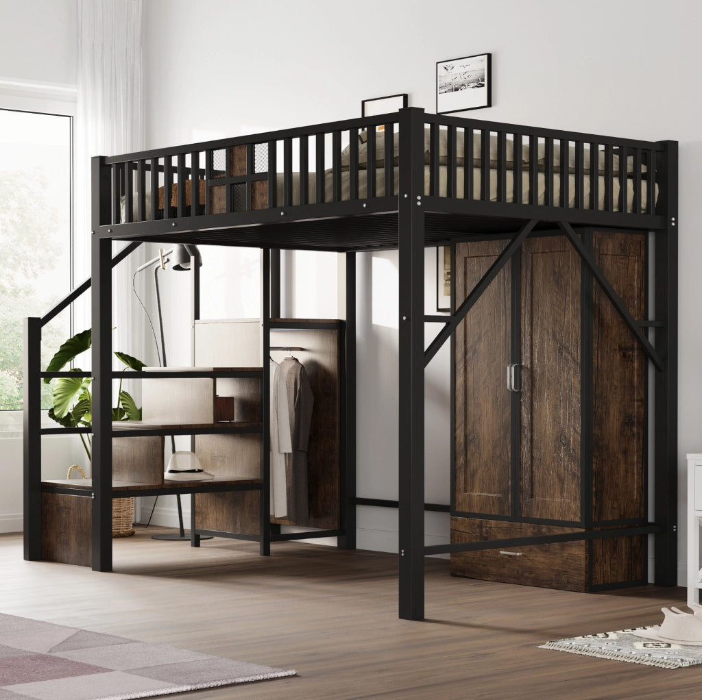 Letto a soppalco 140x200 cm con armadio e scala contenitore
