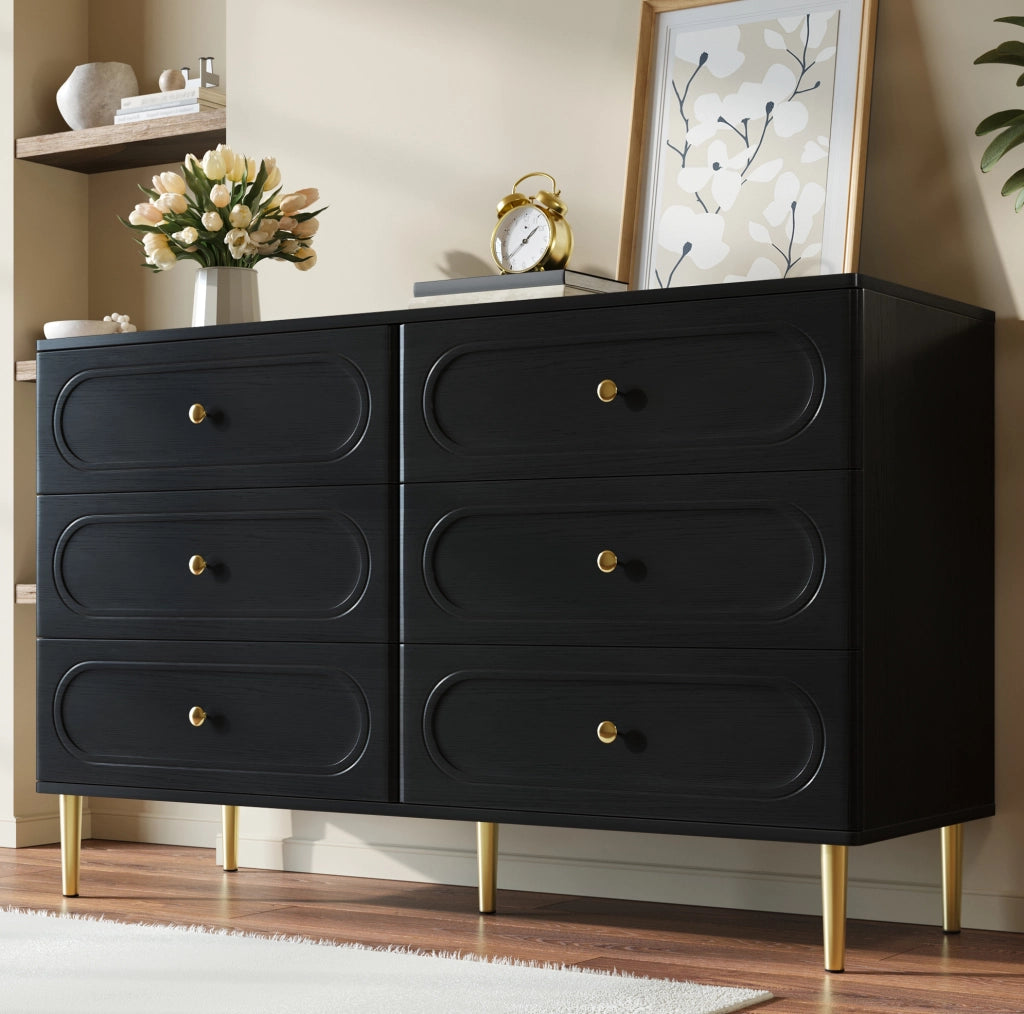 Credenza ULEVR 120x40x75 cm con 6 cassetti e gambe in metallo, nera