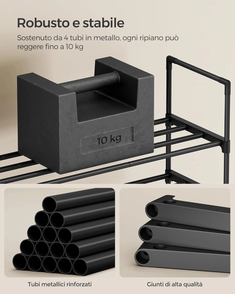Scarpiera a 3 Ripiani, Scaffale Portascarpe in Metallo, per 20-24 Paia di Scarpe, Verticale o Capovolto, Impilabile, Ingresso, 30 x 117 x 55 cm, Nero LSA033B01