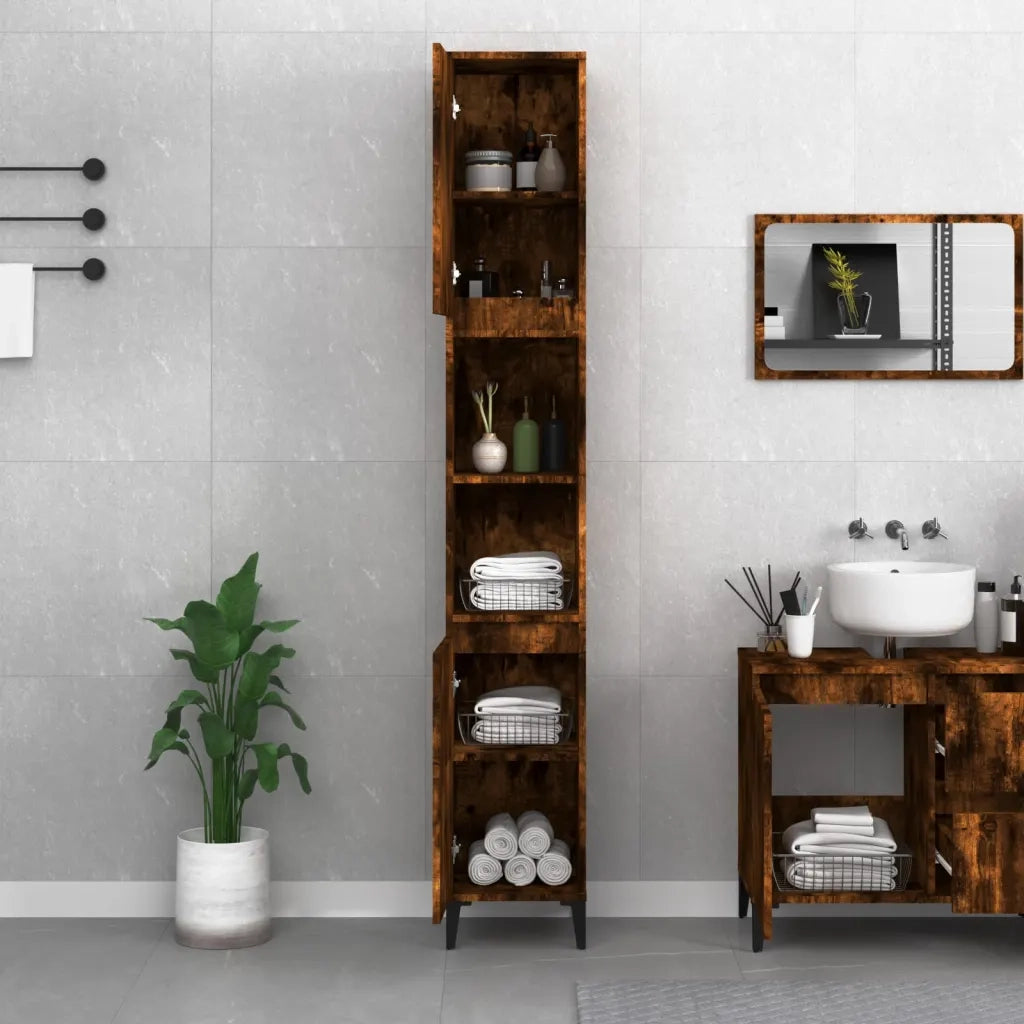 Armadietto Bagno | Armadio da bagno Rovere Fumo 30x30x190 cm in Legno Multistrato