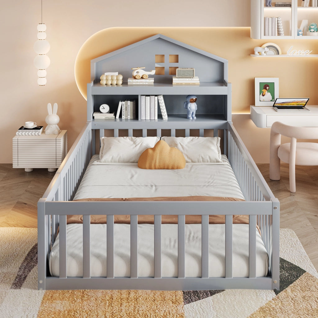Letto a forma di casa grigio in legno massello con funzione contenitore e rete a doghe 90x200 cm