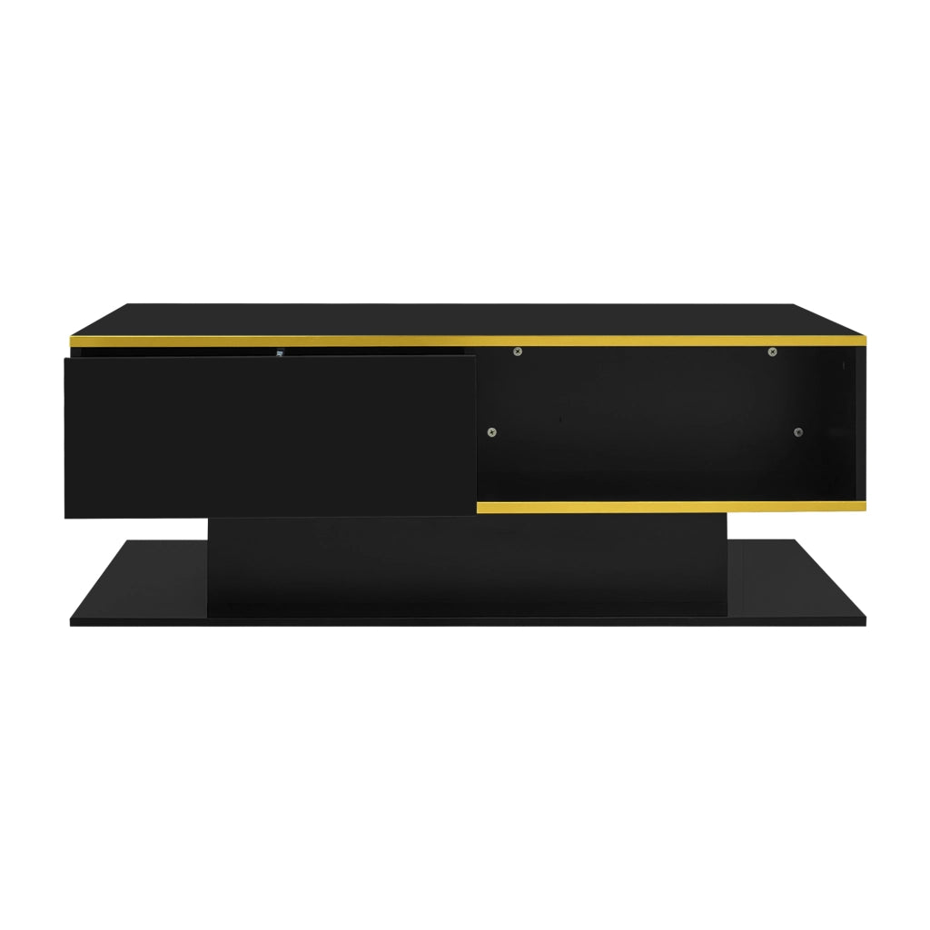 Tavolino da caff¨¨ moderno con LED, 3 cassetti, finitura lucida, nero/oro