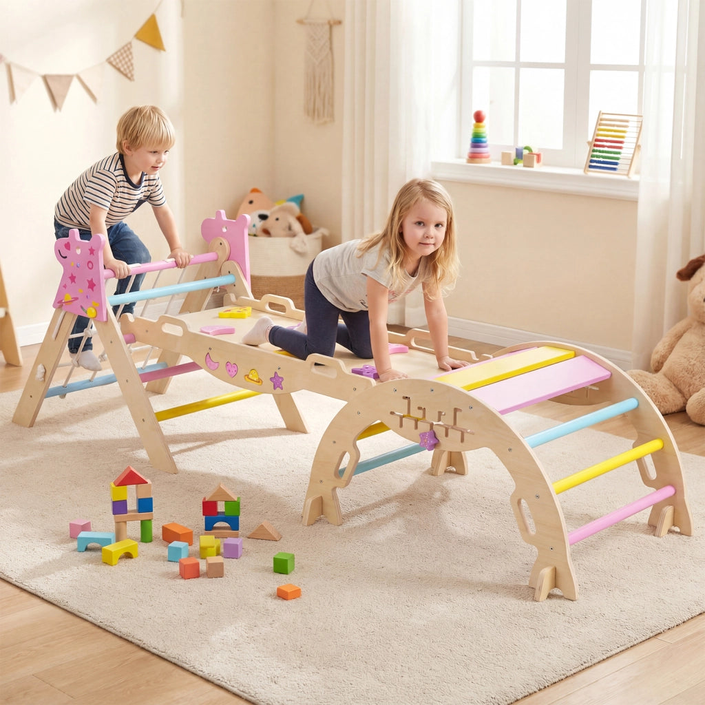 Set da arrampicata a triangolo unicorno palestra arco rampa scalatore-Giocattolo pieghevole parco giochi legno montessori per bambini arrampicata