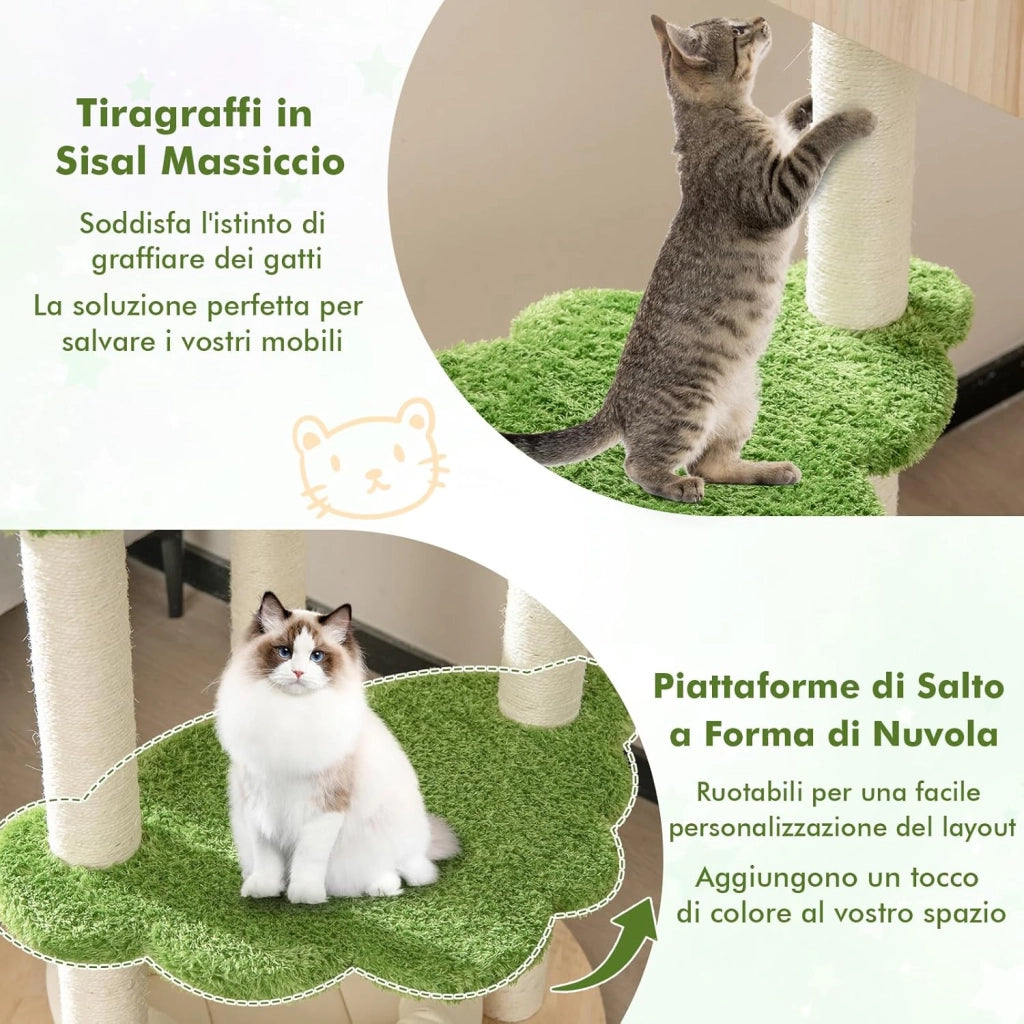 Albero Tiragraffi per Gatti 139 cm, Torre Multi-livello in Legno con Tiragraffi in Sisal, Piattaforme di Salto, Trespolo e Amaca, Centro di Attività per Gatti, Verde