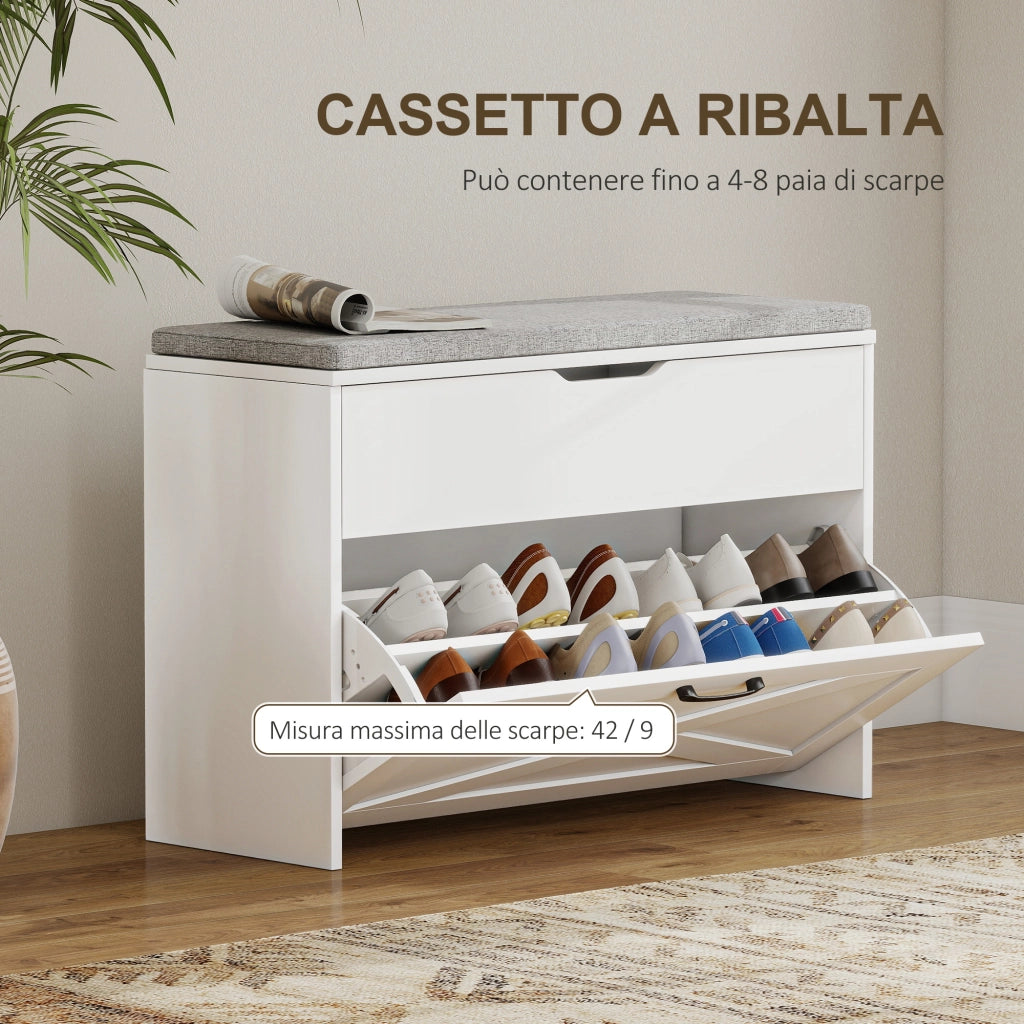 Panca Scarpiera con Cassetto e Contenitore ¨C Minimal ¨C Bianco 80x30x55 cm