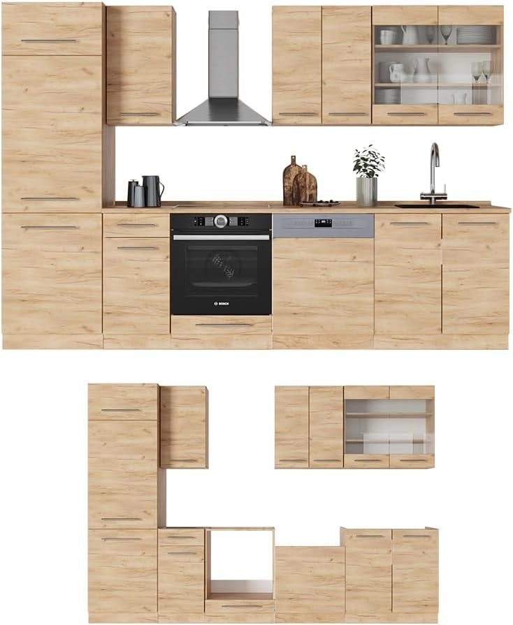 Cucina componibile Fame-Line, Quercia dorata, 300 cm senza piano di lavoro, adatto per l'espansione modulare individuale e la disposizione flessibile