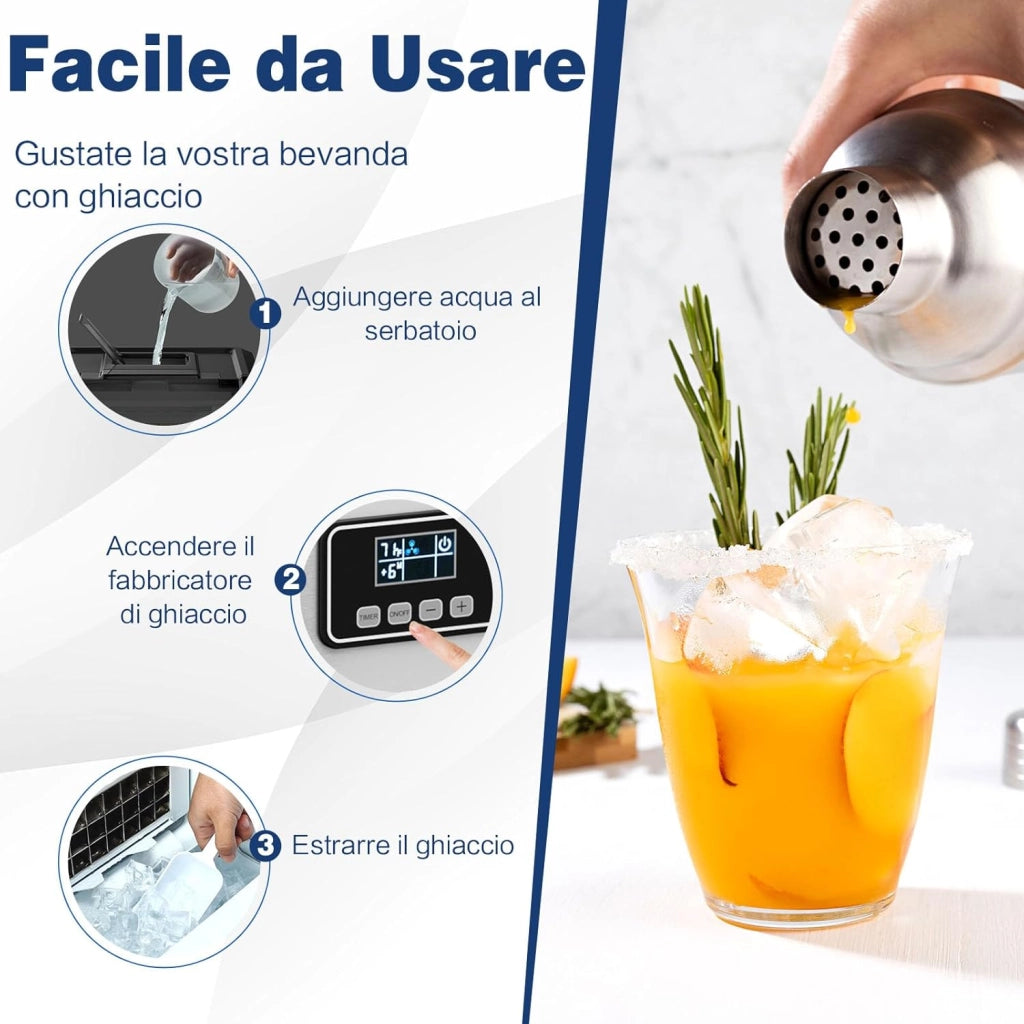 Macchina del Ghiaccio in Acciaio Inox, Macchina del Ghiaccio Elettrica con Paletta e Castello, Produzione 18kg/24H, Ideale per Casa e Ufficio