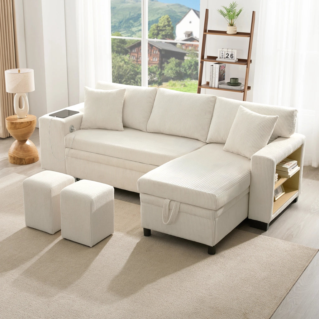 Divano Letto Angolare Convertibile 3-4 Posti con Vano Contenitore; USB e Type C; Bracciolo Largo e Mensola; in Velluto a Coste Beige