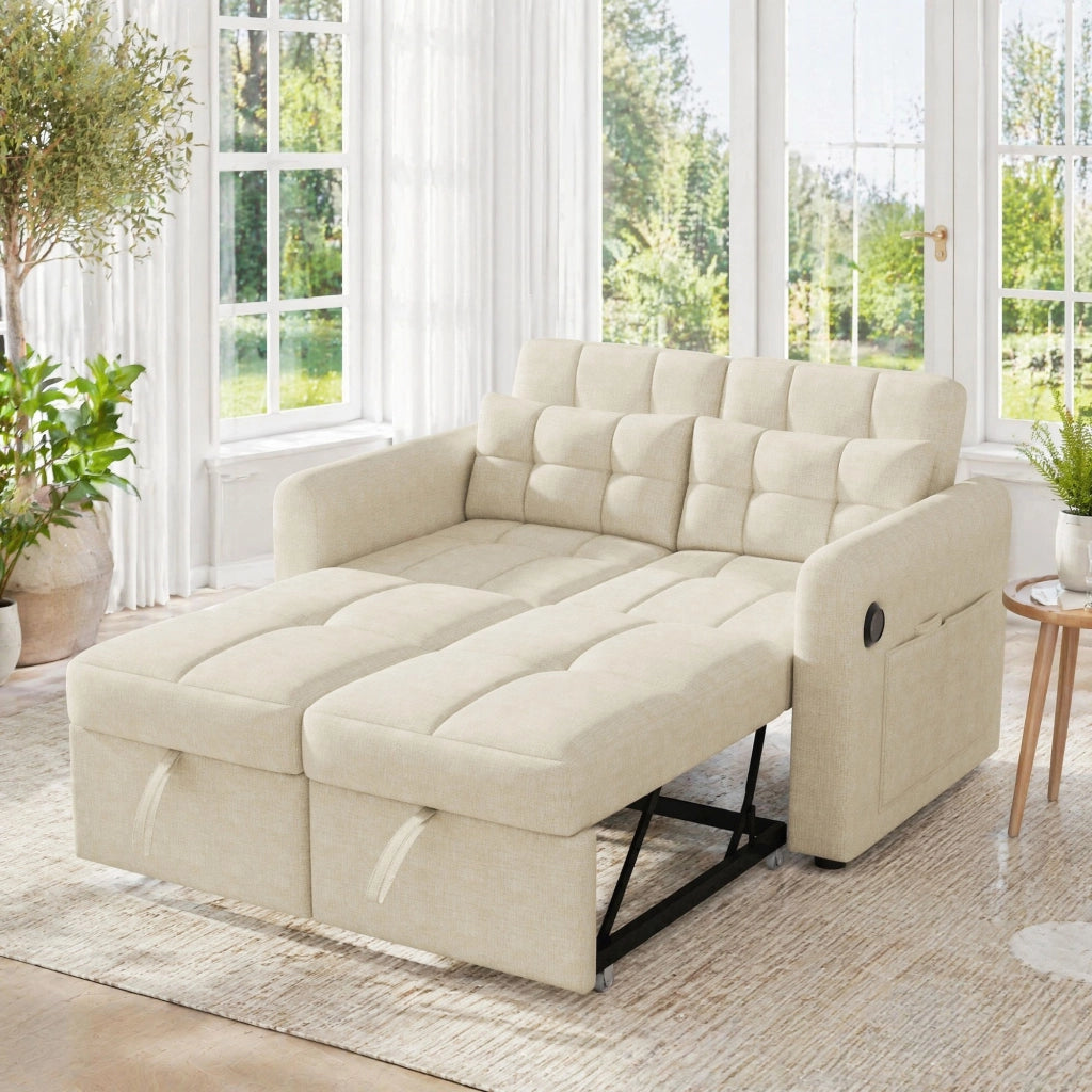 Divano letto 3 in 1 a 2 posti con schienale regolabile, USB, tasche laterali e 2 cuscini, beige