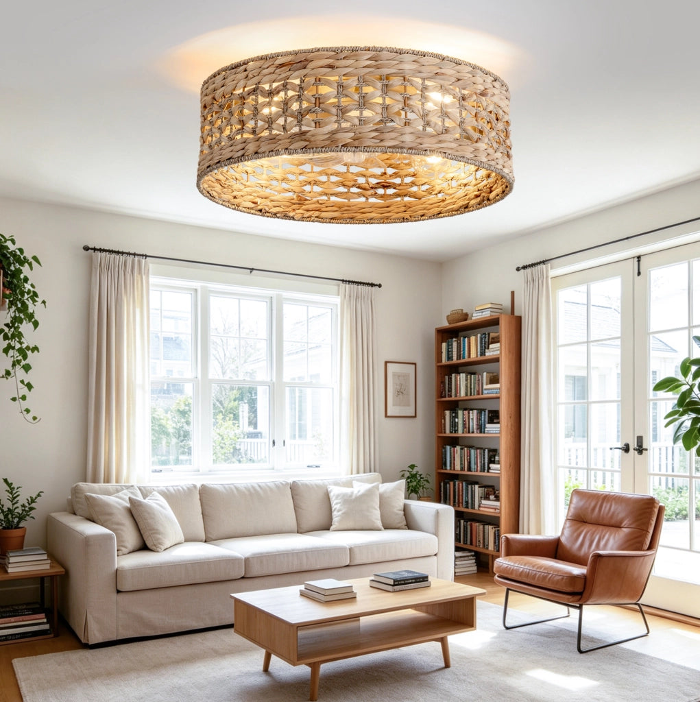 Ventilatore da soffitto con luce in rattan color rame con app e telecomando