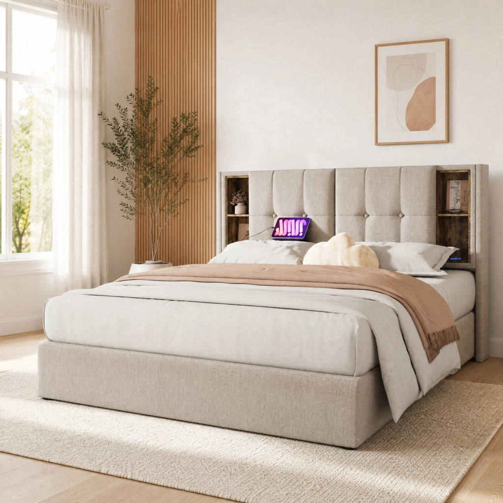 Letto matrimoniale imbottito 160x200 cm con ricarica wireless, USB-C, contenitore e testiera in lino naturale