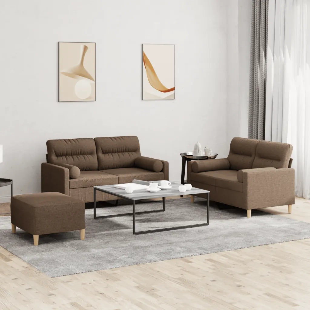 Set di Divani 3 pz con Cuscini Marrone in Tessuto