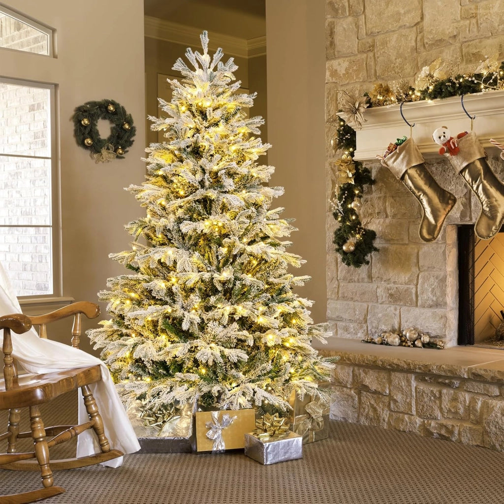 Albero di Natale Innevato 135/180/215 cm, Albero di Natale Pre-Illuminato con 200/350/450 Luci LED Bianche Calde, 688/1022/1328 Punte di Rami PE PVC, per Casa, Negozio e Ufficio (180 CM)