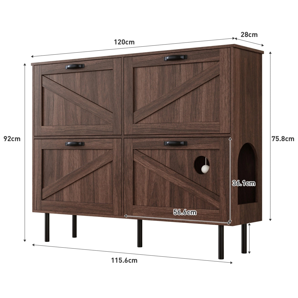 Scarpiera con 4 Ante; 3 Ribalte e Vano per Gatto; per Ingresso; in Pannello di Particelle; 120 × 28 × 92 cm; Noce Naturale