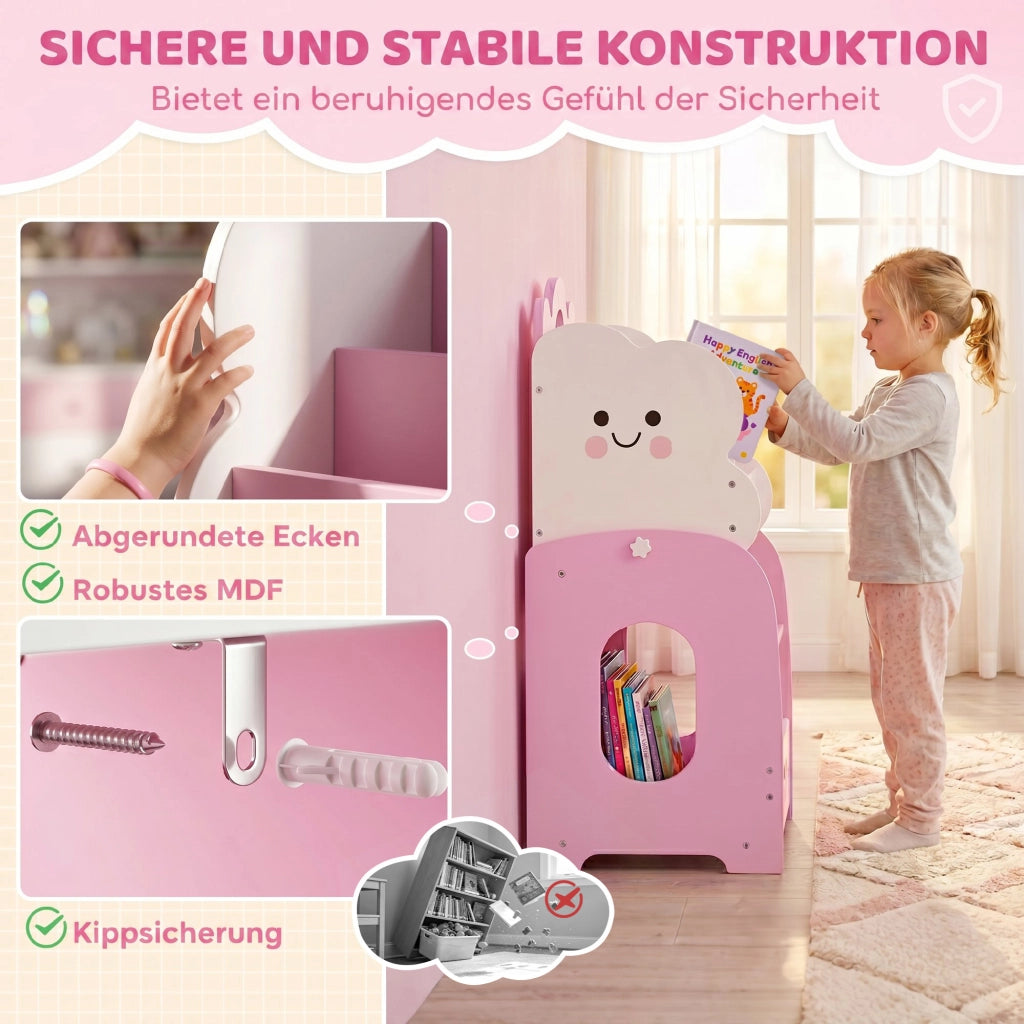 Libreria Modulare Bambini 3-in-1 con Scaffale ¨C Xylo ¨C Rosa con 4 Tasche e Comodino