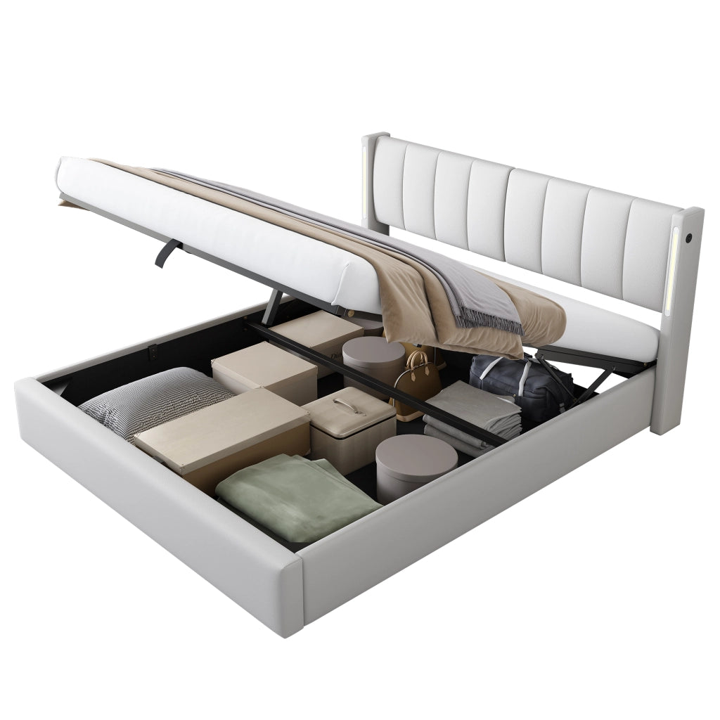 Letto imbottito LED 160x200 cm con USB, contenitore, testiera regolabile e rete a doghe, bianco