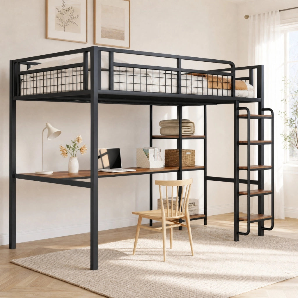 Letto a soppalco in metallo 140x200 cm con scala di sicurezza, tavolo integrato e ripiani, nero
