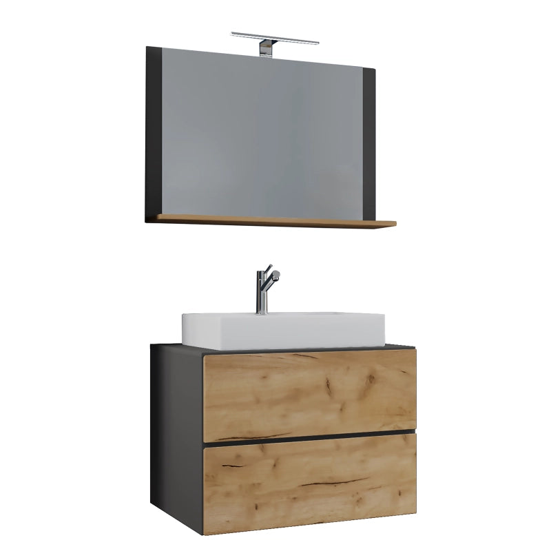 Luce Mobile Sospeso con 2 cassetti Large con lavabo in ceramica di alta qualità e specchio, Antracite/Rovere , lavabo Bianco
