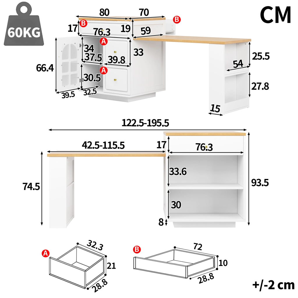 ISOLA CUCINA ESTENSIBILE 122,5-195,5x59x93,5 cm MDF BIANCO con LED RGB
