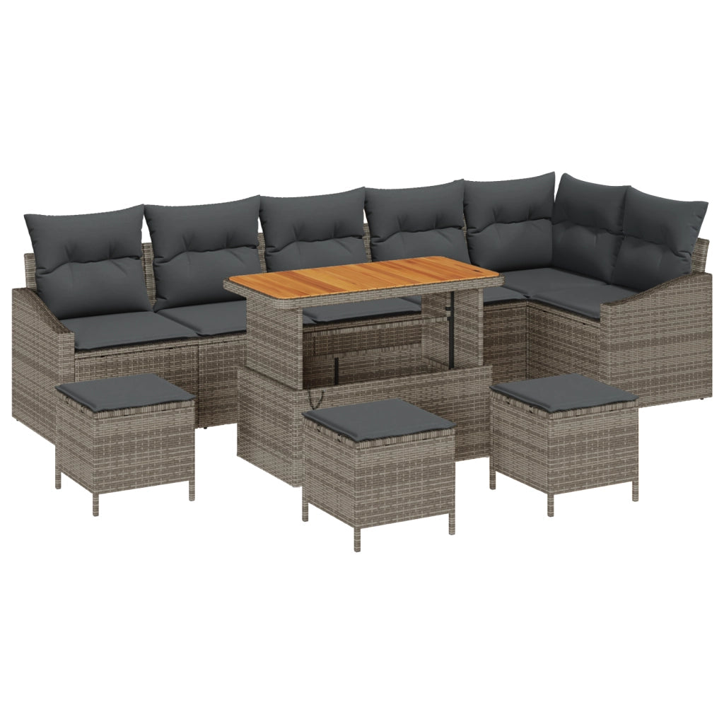 Set di divani da giardino in 10 pezzi con cuscini Grigio Polyrattan Acacia