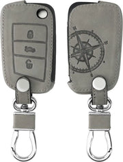 Coprimessa compatibile con VW Golf 7 MK7 chiave tascabile 3 bottoni - pelle imitante - Compas Vintage - grigio - coprimessa accessori auto.