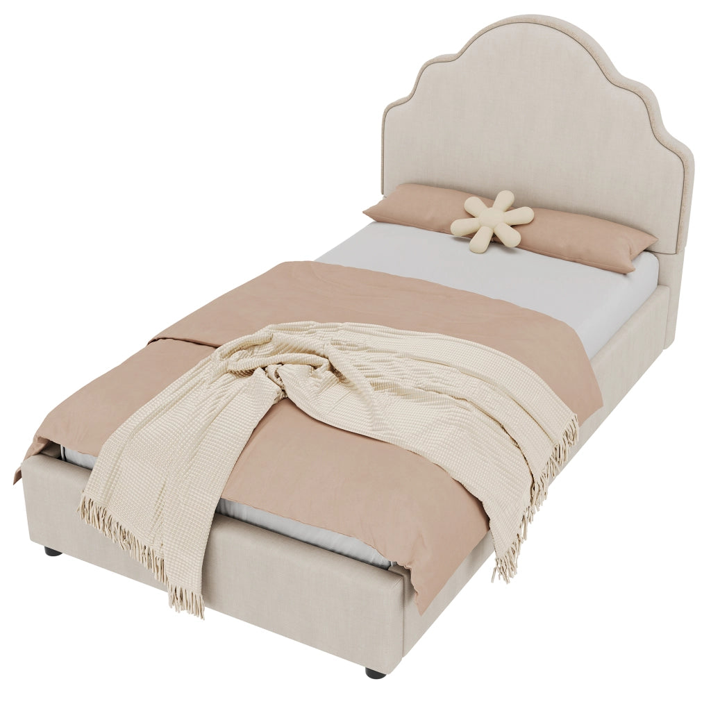 Letto singolo imbottito 90x200 cm con testiera curva, in lino beige, con rete a doghe, senza materasso