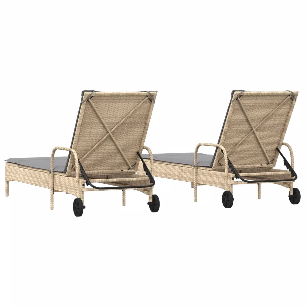 Lettini Prendisole 2 pz | Sdraio da giardino | Lettino da sole con Cuscini Beige in Polyrattan
