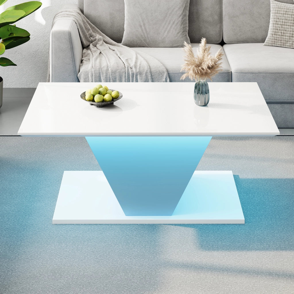 Tavolino da caffè 100x50x46 cm; illuminazione LED e forma a V; truciolato; bianco