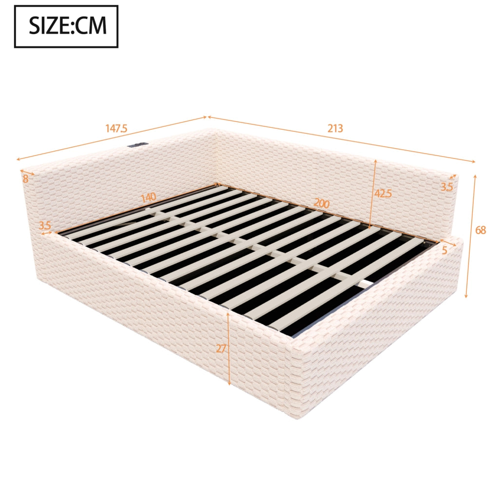 Letto imbottito 140x200 cm con contenitore, LED e porte USB/Type-C