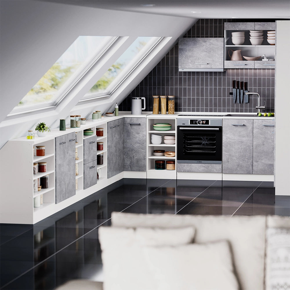 Mobile cucina sottotetto R-Line Calcestruzzo/Bianco 210 cm Set di 5 carcasse armadio profondità 60 cm Vicco