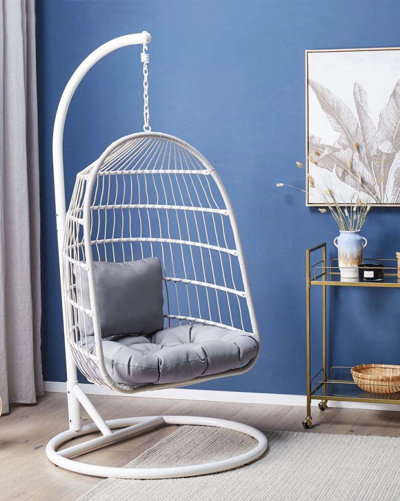 Poltrona Sospesa con Cesta in Corda di Poliestere Beige per Interno ed Esterno Boho