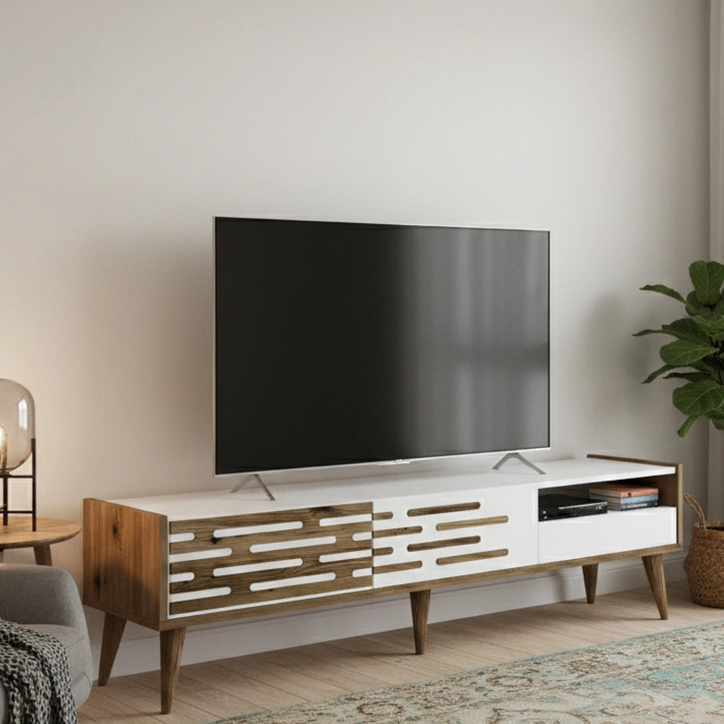 Mobile porta TV Upana, Credenza da soggiorno, Armadio basso per TV, Base parete attrezzata, 180x45h35 cm, Bianco e Noce