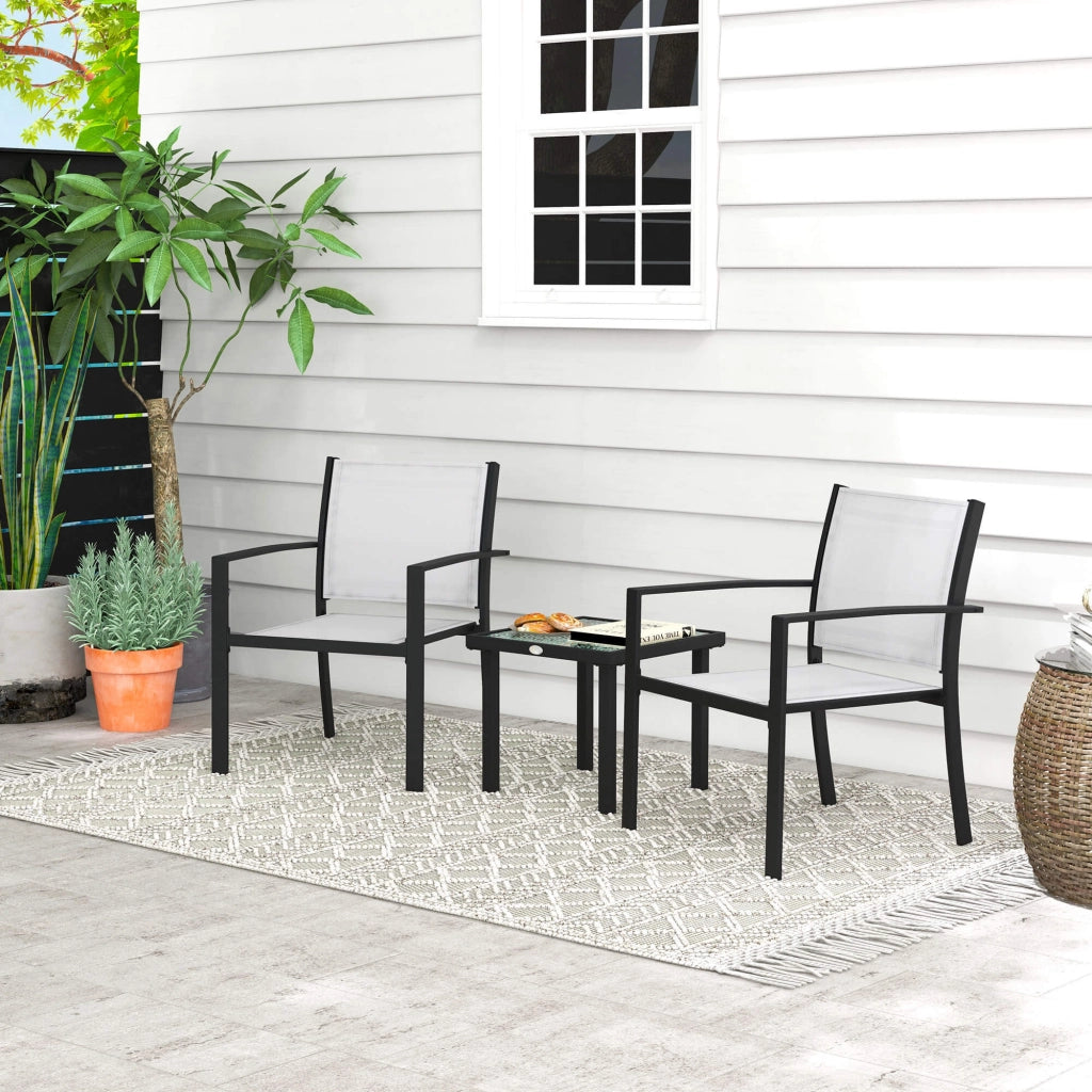 Set Tavolino con Piano in Vetro e 2 Sedie Impilabili da Giardino in Acciaio e Tessuto Grigio Chiaro
