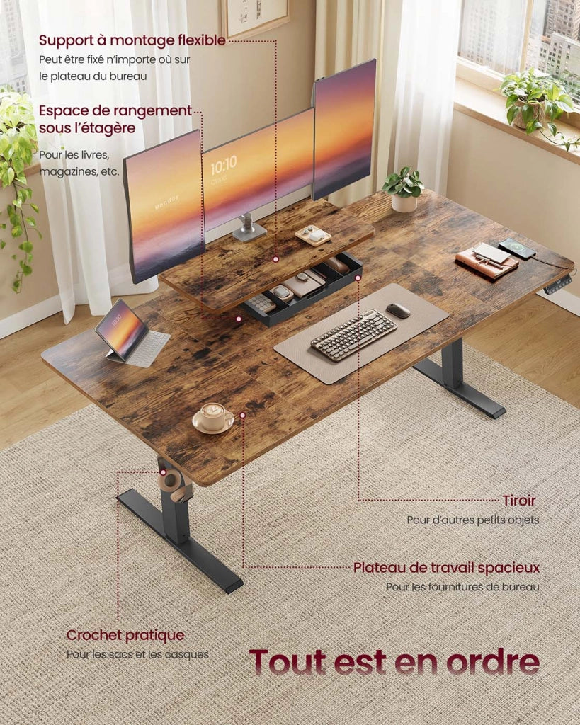 Scrivania regolabile elettricamente in altezza 140 x 70 cm con braccio flessibile per monitor cassetto porta USB-C e promemoria sedentario per il lavoro da remoto marrone 12_0008039