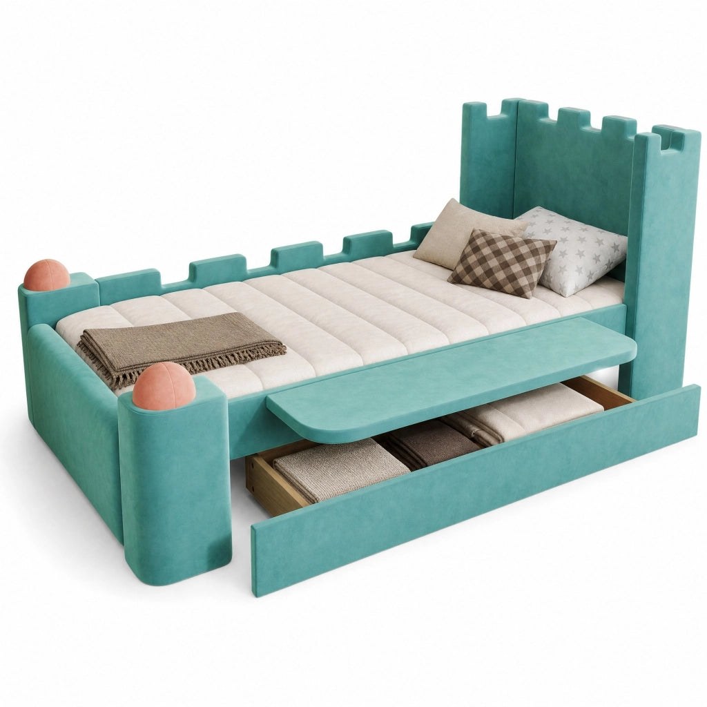 Letto con Sponda 90x200 cm; Letto Singolo - Cassetto; Mensola Pieghevole - Bluverde