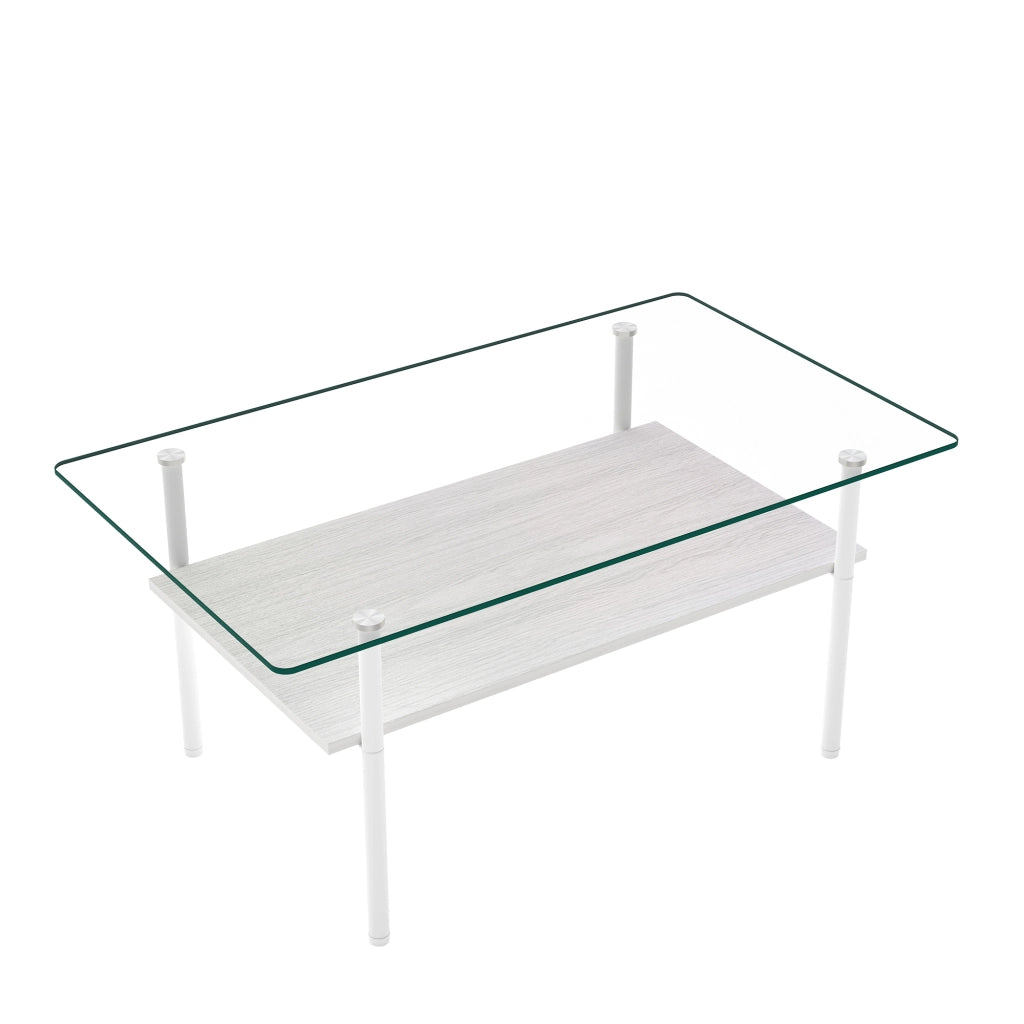 Tavolino basso con piano in vetro temperato e ripiano in MDF, struttura in metallo bianco per soggiorno, 98 × 58 × 45 cm