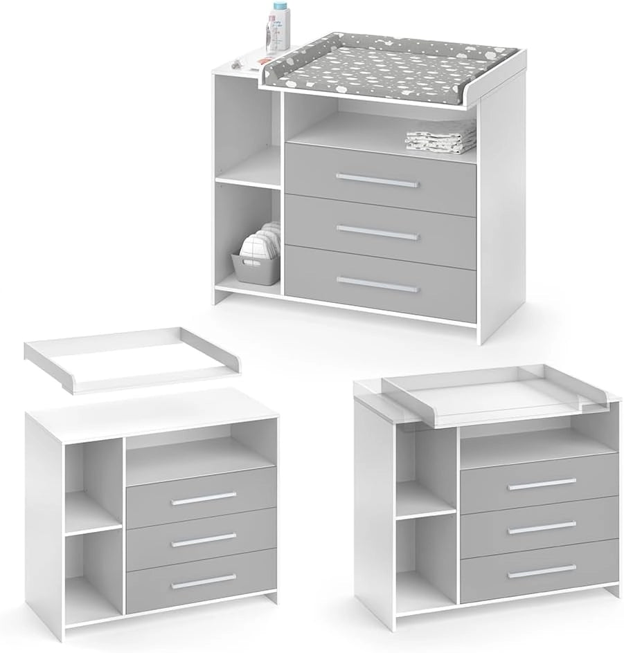 Fasciatoio Oskar, Bianco/Grigio, 113 x 100 cm, convertibile in cassettiera grazie al fasciatoio rimovibile